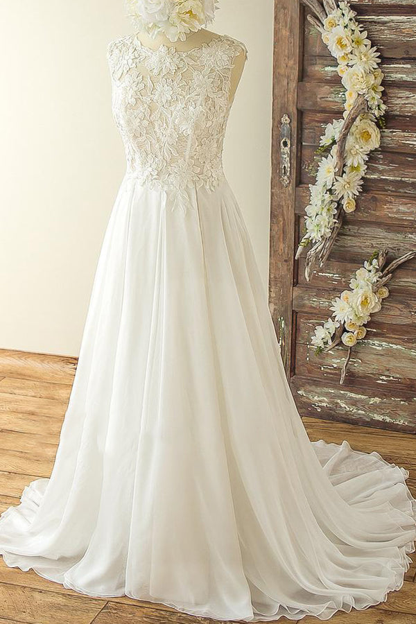 Chic Sleeveless Jewel Appliques Wedding Dress | A-line Chiffon Ruffles Bridal Gowns