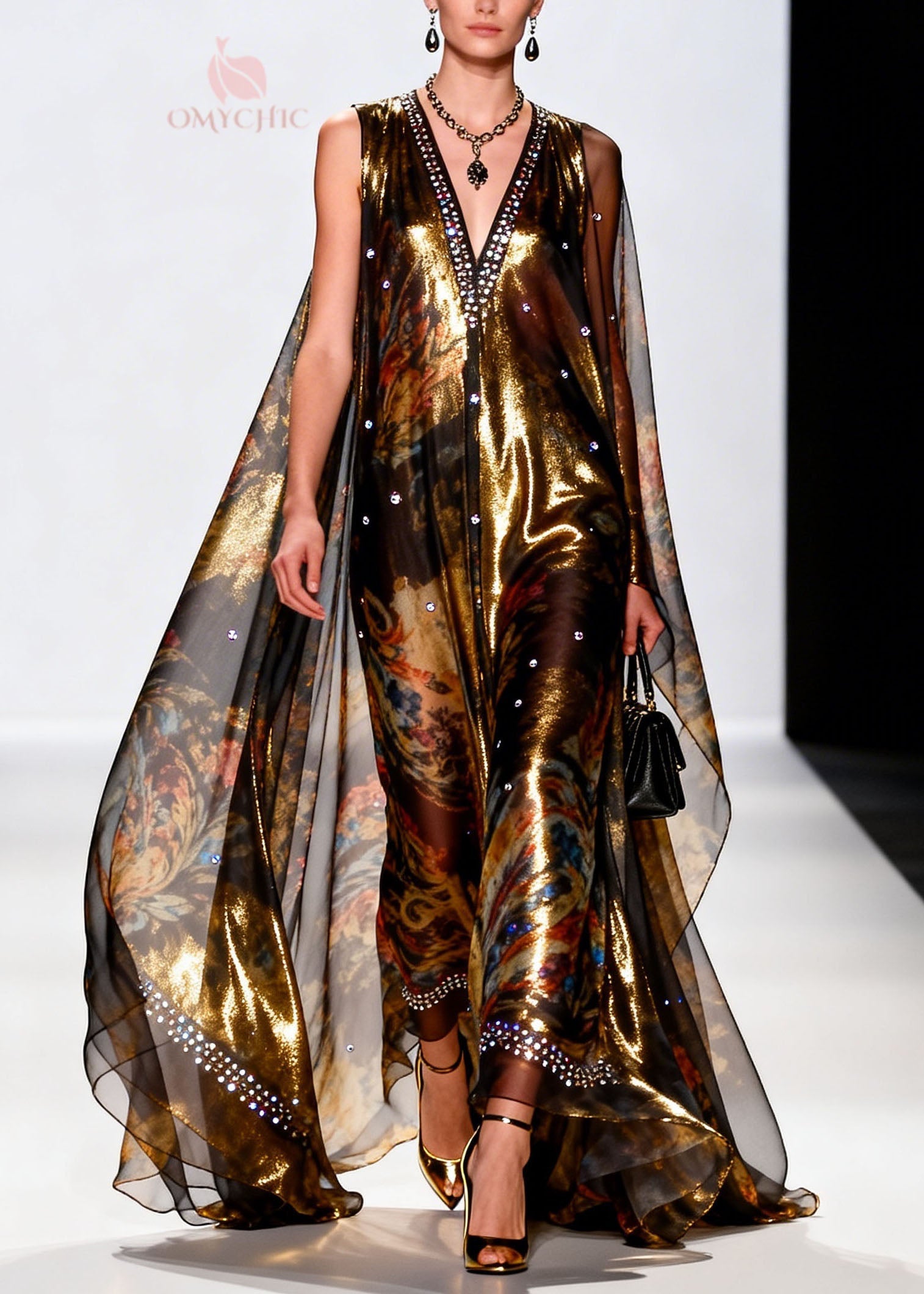 Chic V Neck Print Zircon Chiffon Long Dresses Summer