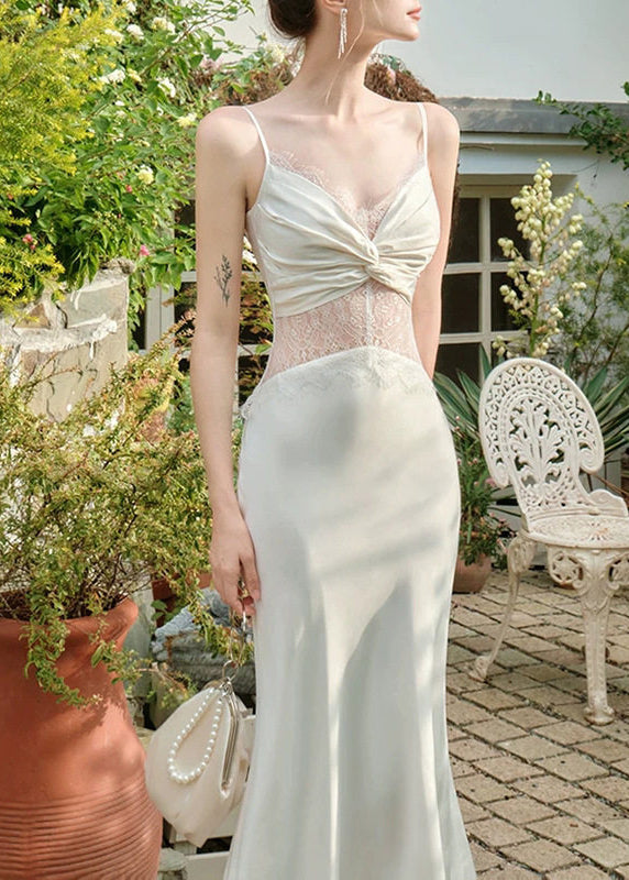 Chic White Wrinkled Lace Patchwork Long Spaghetti Strap Dress Sleeveless