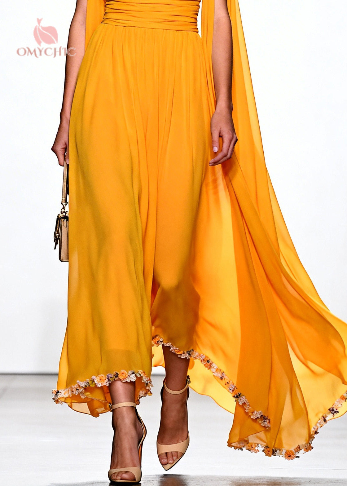 Chic Yellow Turtle Neck Flower Lace Draping Chiffon Dress Summer