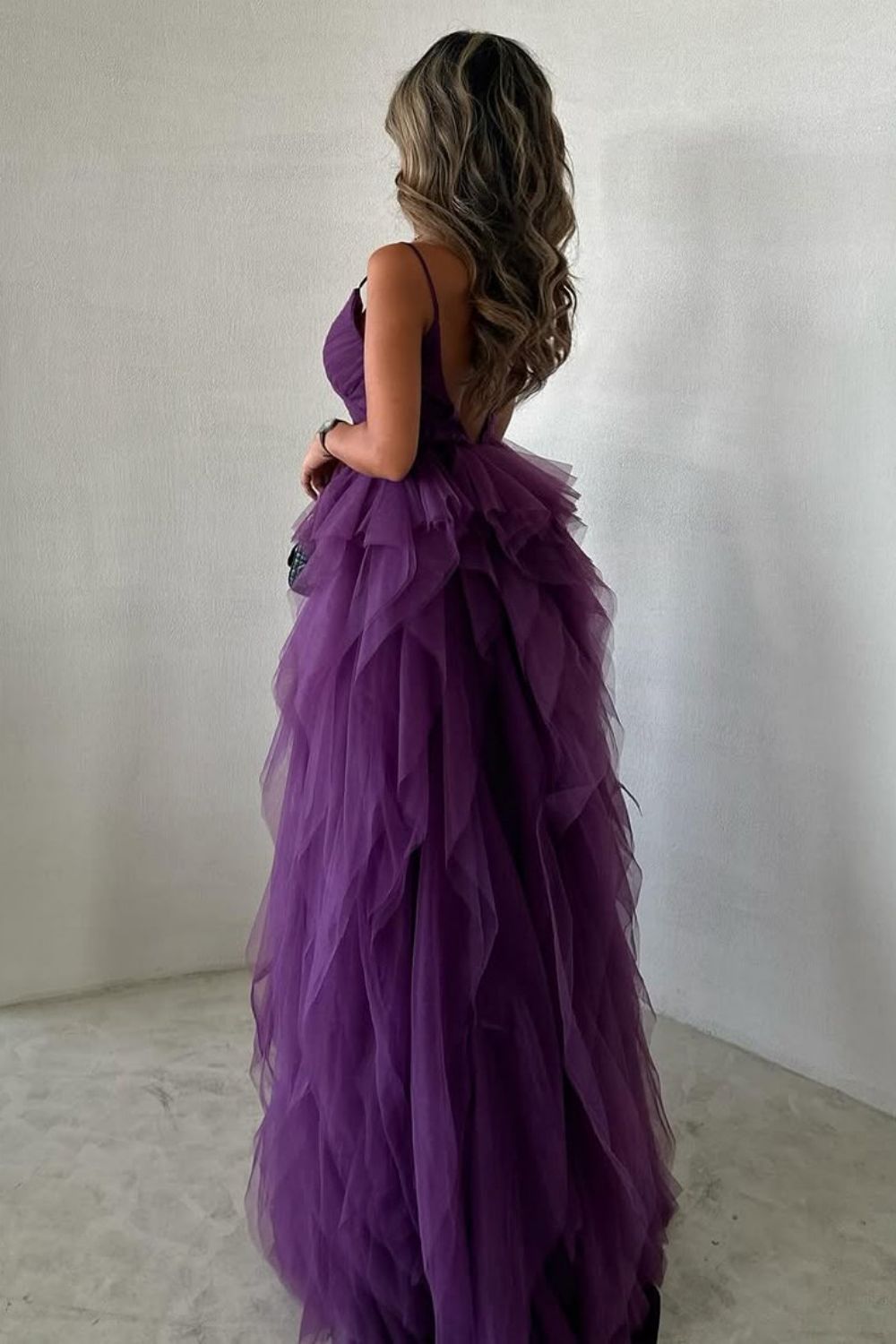 Chic A-Line Purple Spaghetti Straps Backless Long Ruffle Tulle Party Dress