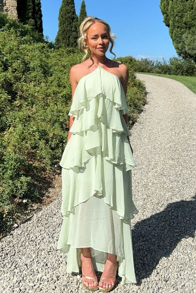 Chic A-Line Halter Neck Light Green Long Prom Dress with Ruffles - FashionDia
