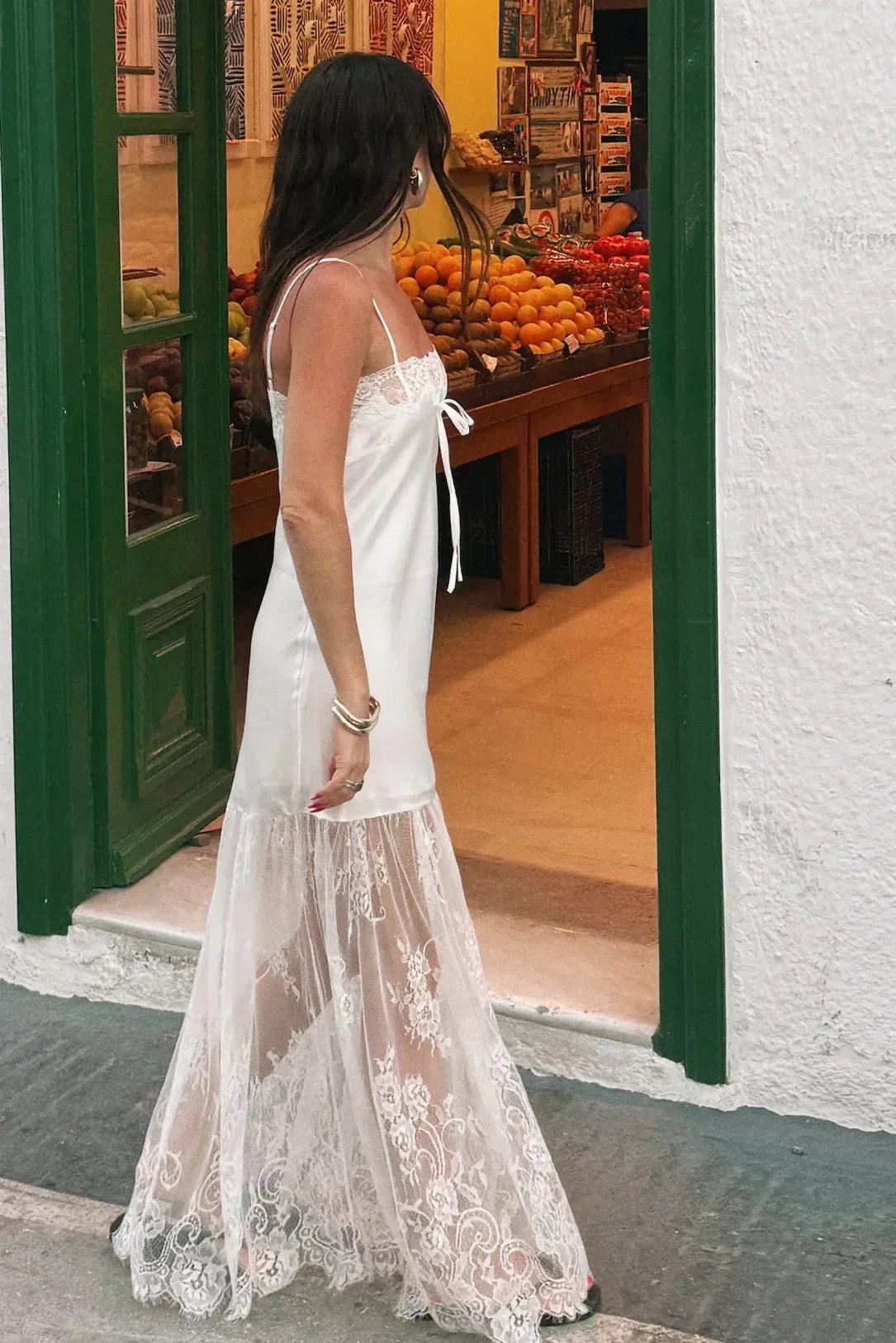 Chic A Line Spaghetti Straps White Long Prom Dress with Lace