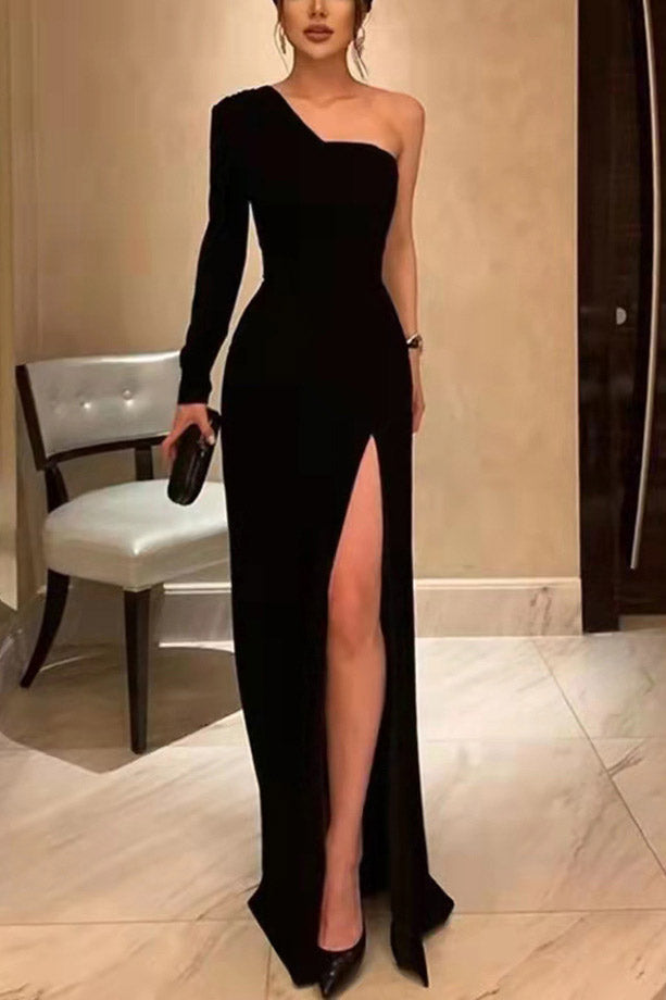 Chic Black One Sleeve Prom Gown Evening Dress - Fashionpara