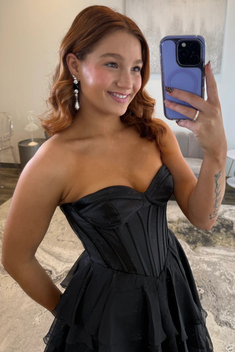 Elegant A-Line Sweetheart Black Corset Prom Dress with Ruffles - View 3 | FashionDia