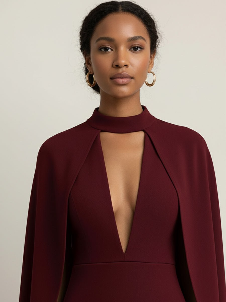 Chic Burgundy Midi Sheath Dress with Attached Flowing Cape