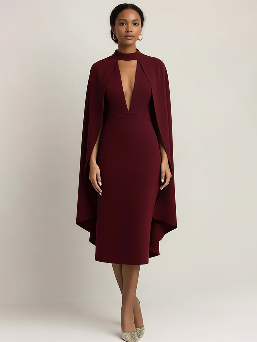 Chic Burgundy Midi Sheath Dress with Attached Flowing Cape