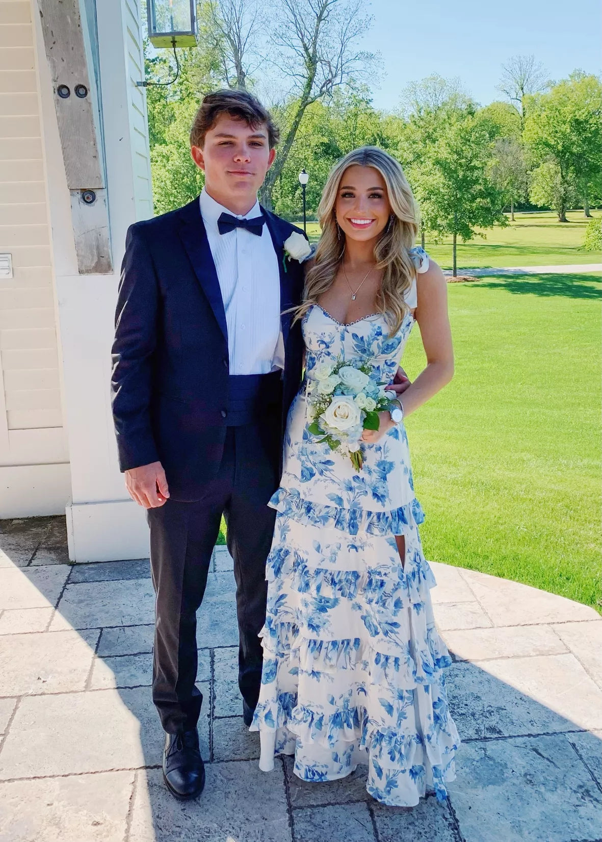 Blue Print A-Line Strapless Tiered Long Prom Dress