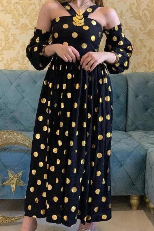 Chic Halter Dot Long Sleeve Party Dress - Fashionpara