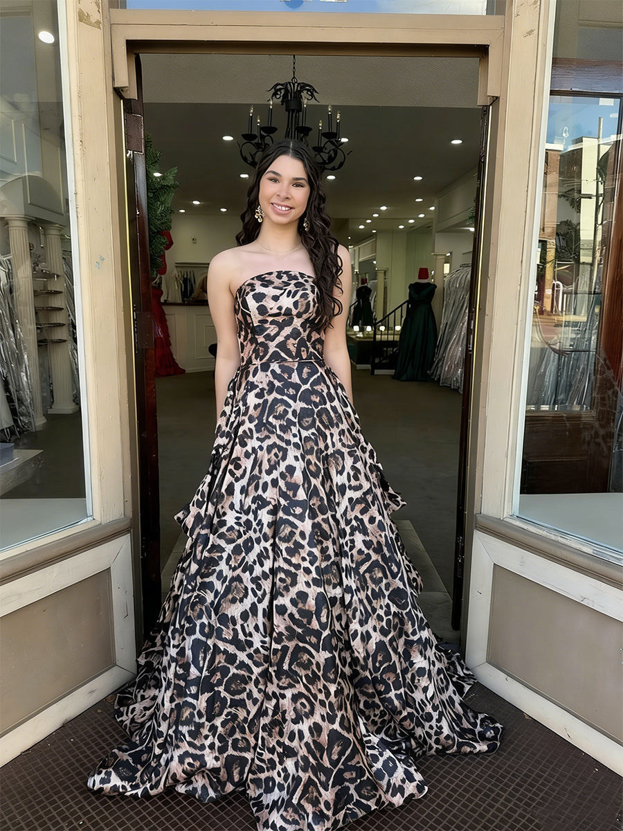Chic Leopard Print Strapless Tiered A-Line Prom Dress - FashionDia