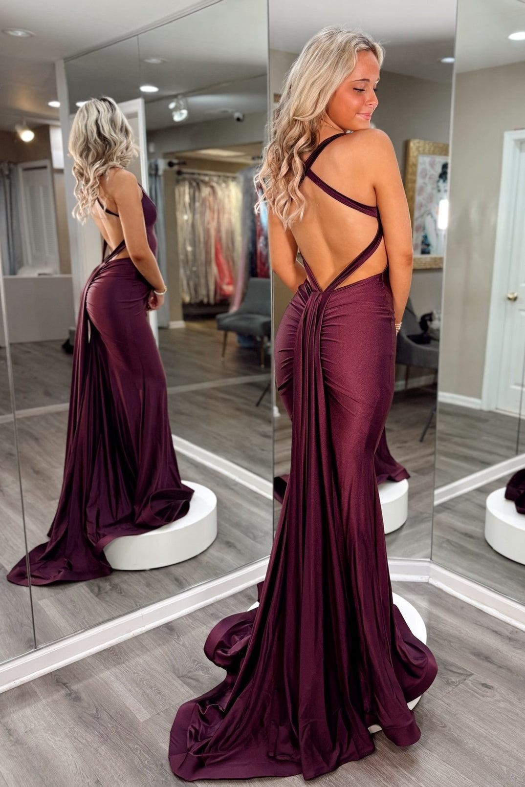 Chic Mermaid Halter Neck Brown Long Prom Dress with Train