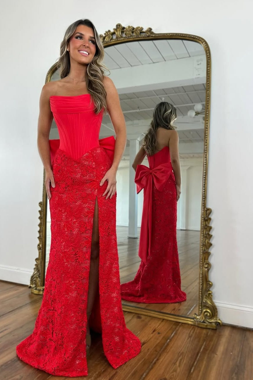 Fashionable Mermaid Strapless Red Corset Lace Prom Dress with Bowknot