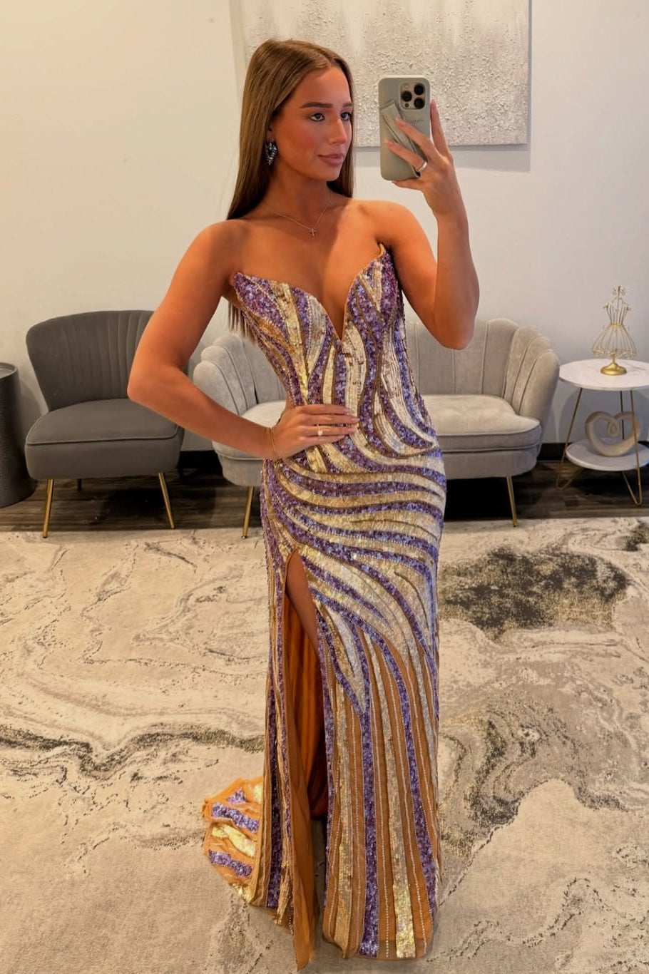 Chic Mermaid Sweetheart Gold Sequins Long Prom Dress with Split Front