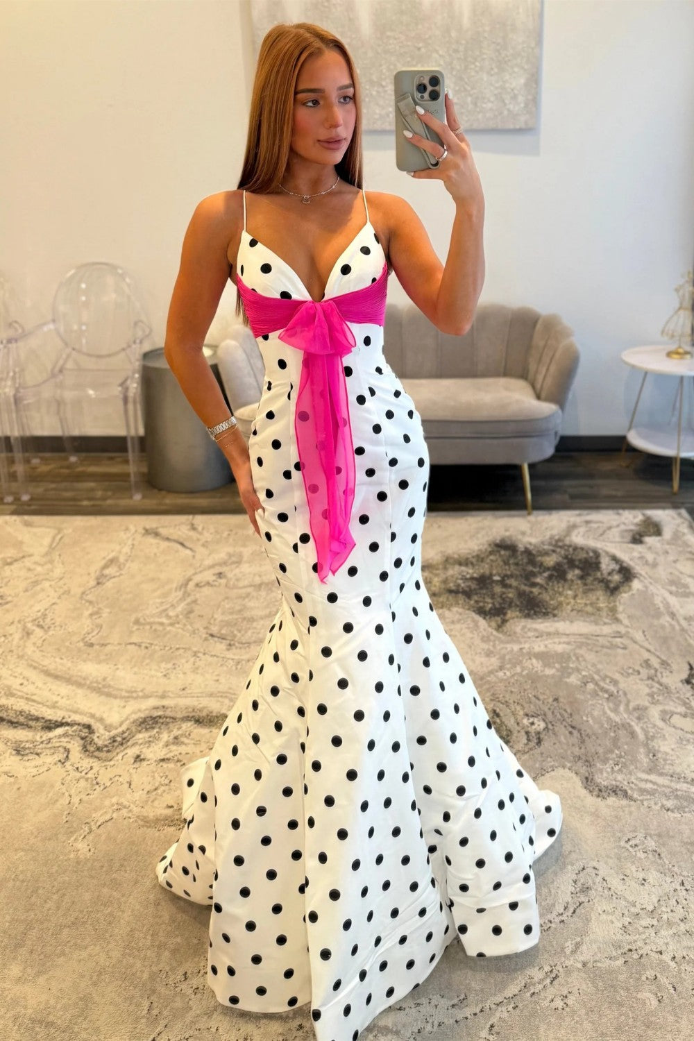 Pretty Mermaid Spaghetti Straps White Polka Dots Long Prom Dress with Bowknot
