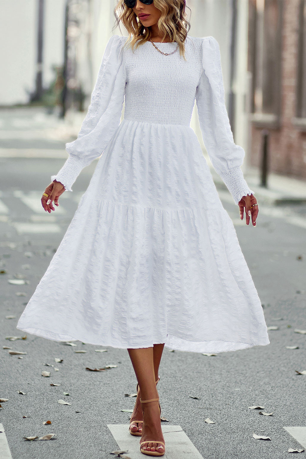 Chic Royal Blue A-Line Long Sleeve Midi Dress - Fashionpara