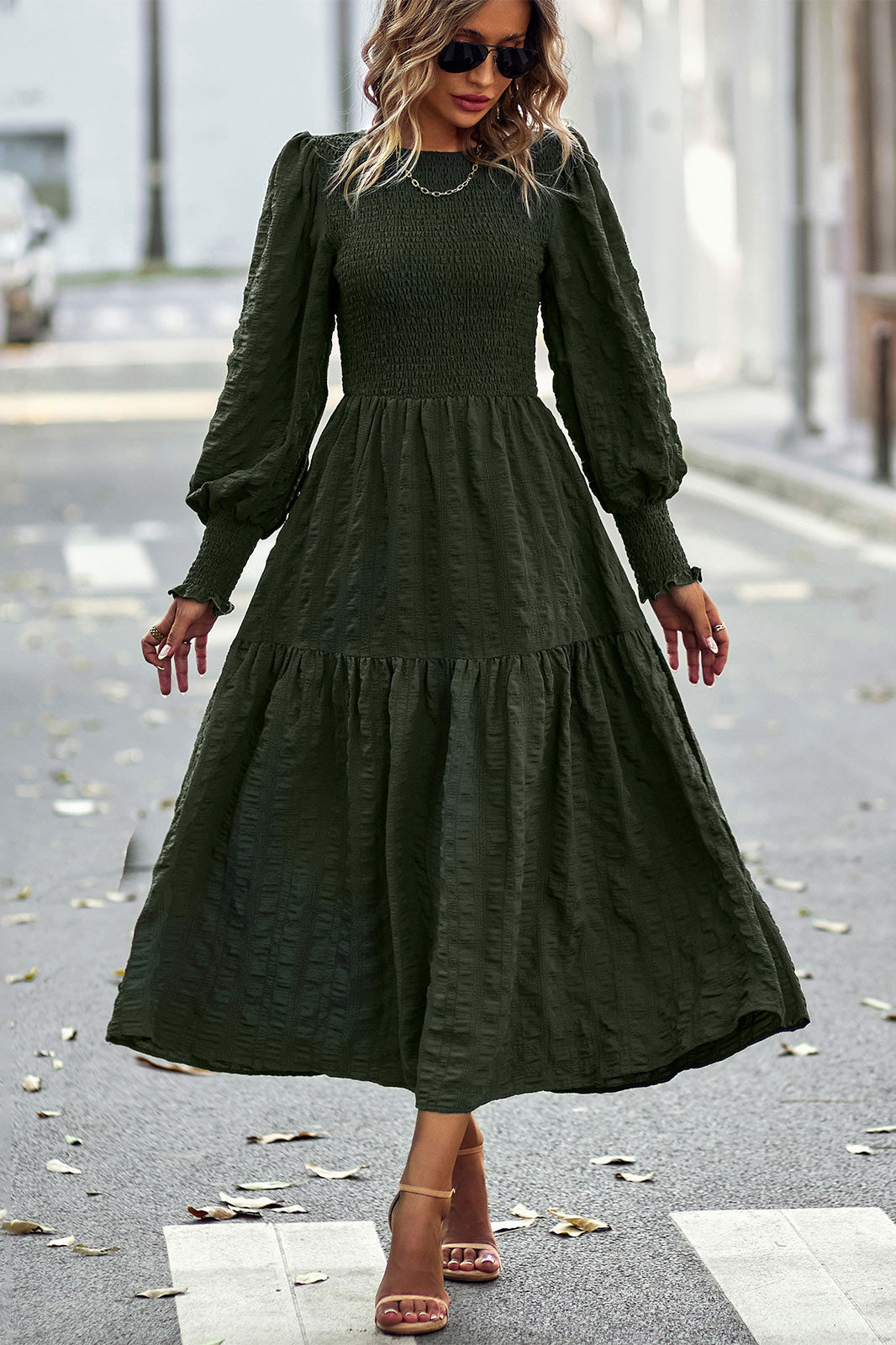 Chic Royal Blue A-Line Long Sleeve Midi Dress - Fashionpara