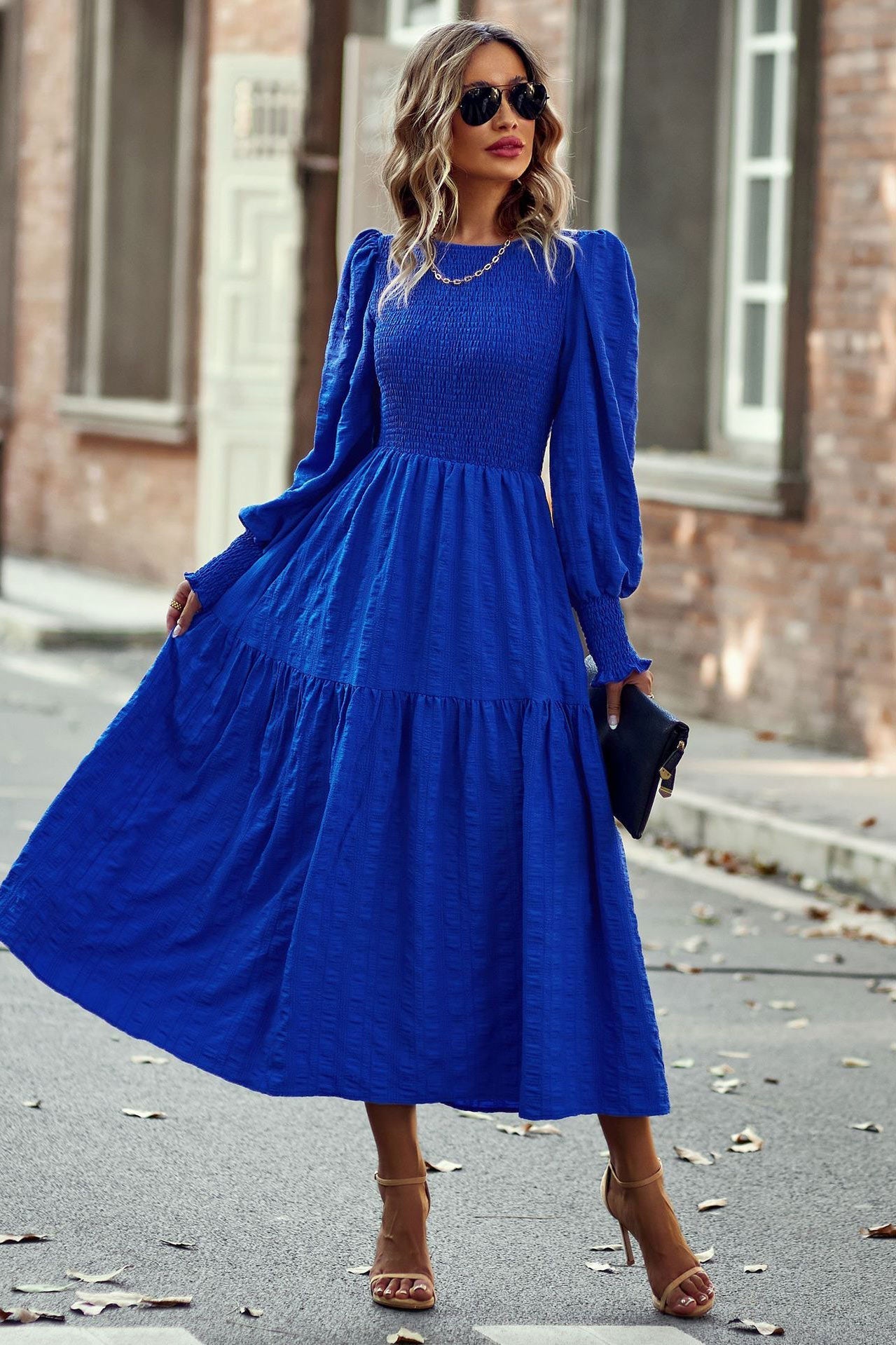 Chic Royal Blue A-Line Long Sleeve Midi Dress - Fashionpara