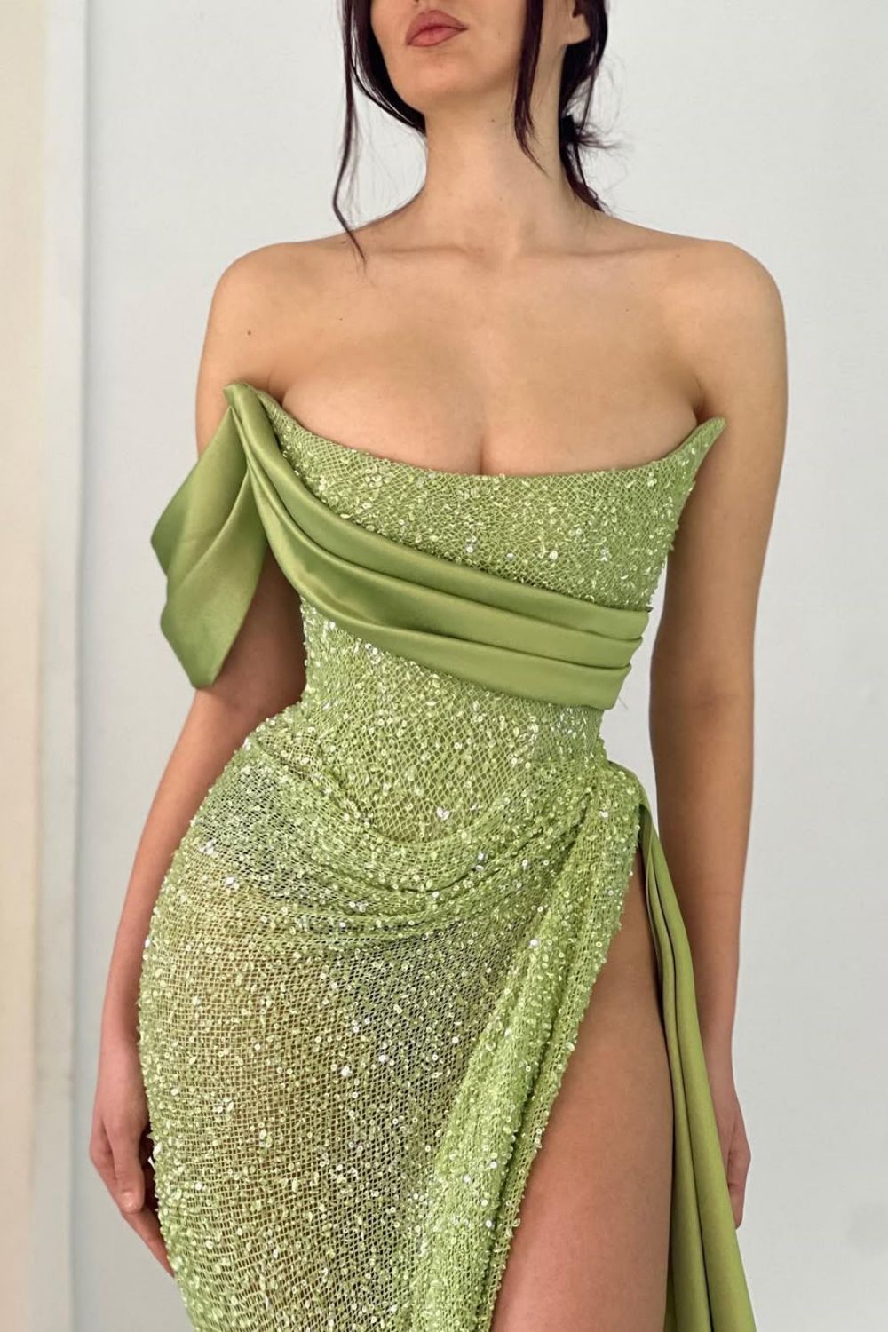 Chic Sage Green Mermaid Off-the-Shoulder Long Formal Dress with High Slit - View 2 | FashionDia