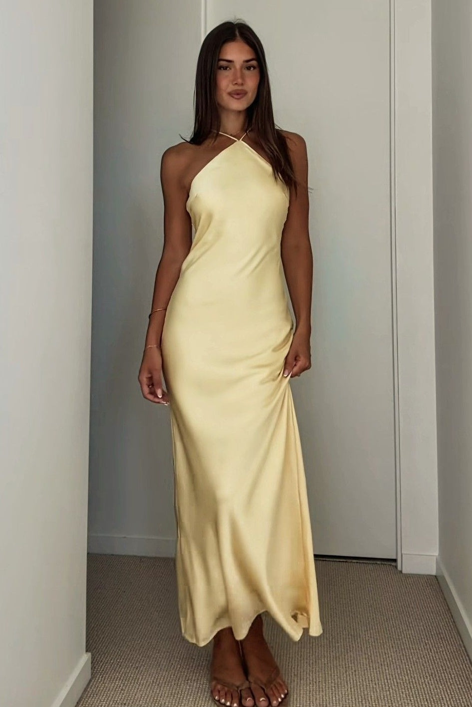 Chic Sheath Halter Neck Light Yellow Long Party Dress with Open Back