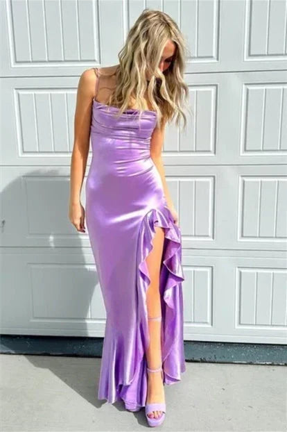 Chic Sheath Spaghetti Straps Purple Long Prom Dress with Ruffles - FashionDia
