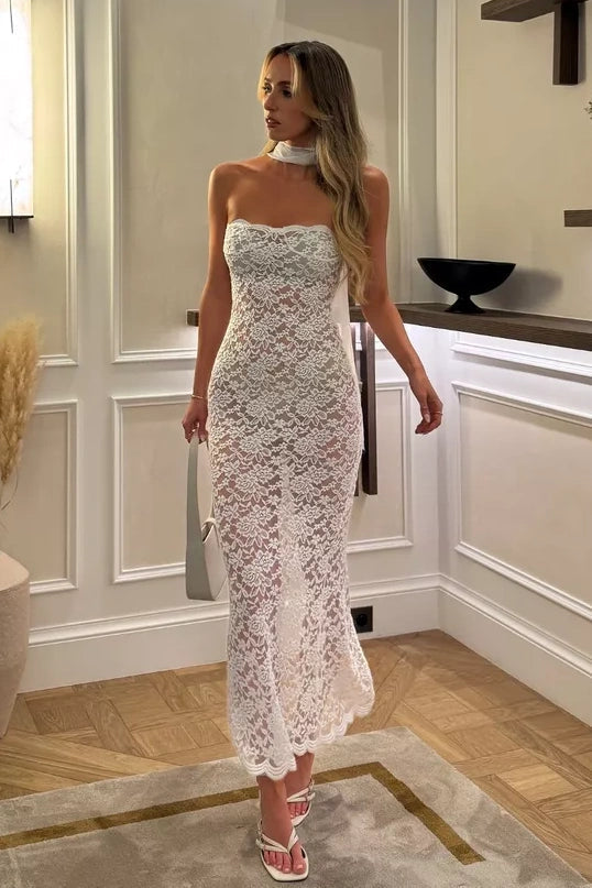 Trendy Sheath Strapless White Lace Tea Length Party Dress