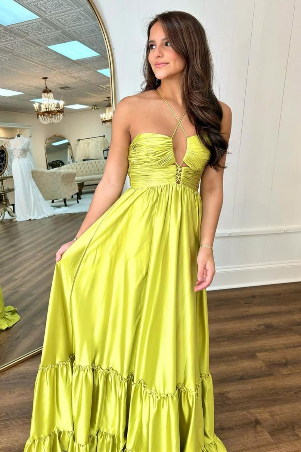 Chic Yellow A-Line Spaghetti Straps Lace Up Long Satin Prom Dress - FashionDia