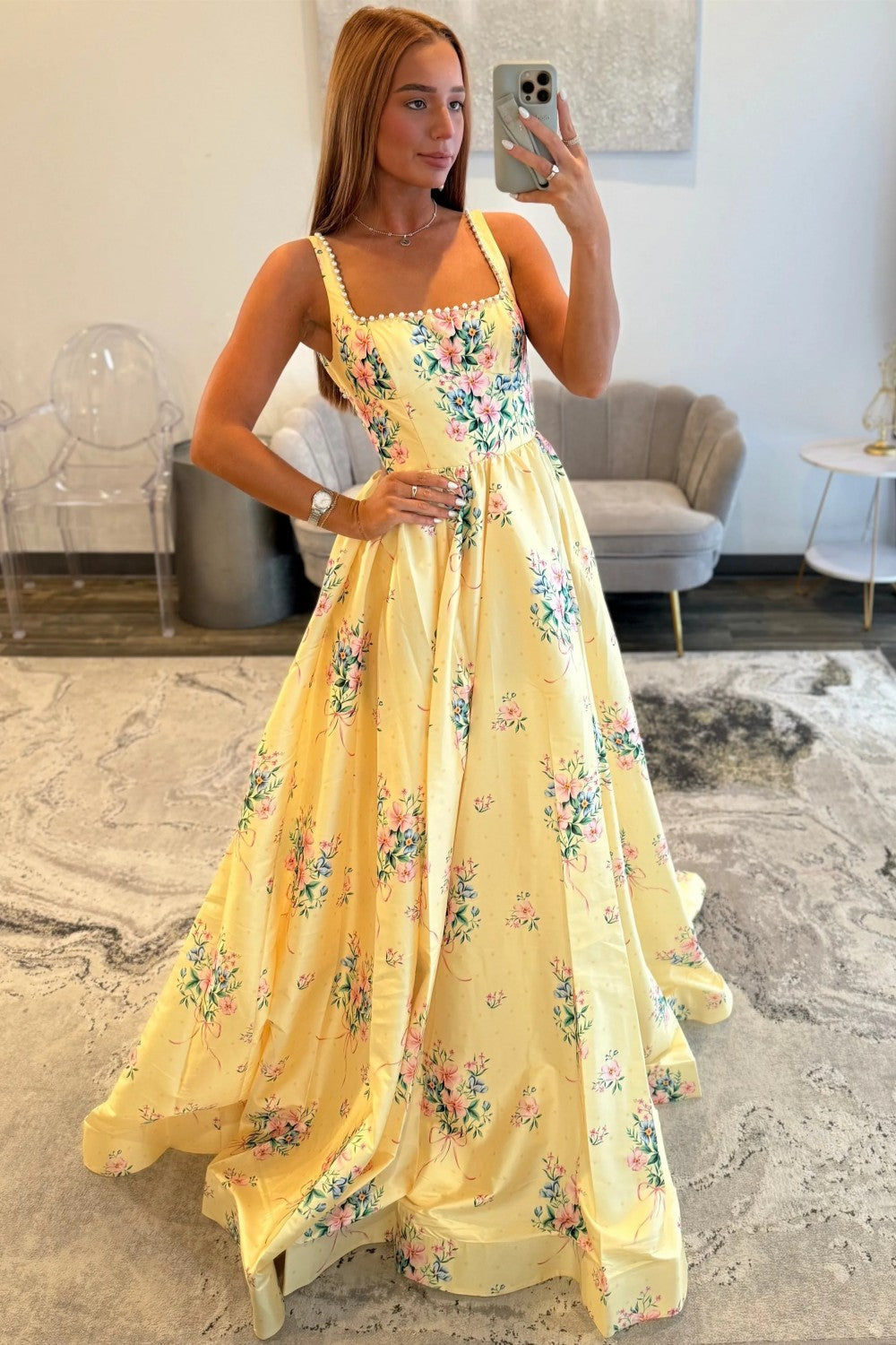 Charming A-Line Square Neck Yellow Long Prom Dress with Pearls - FashionDia