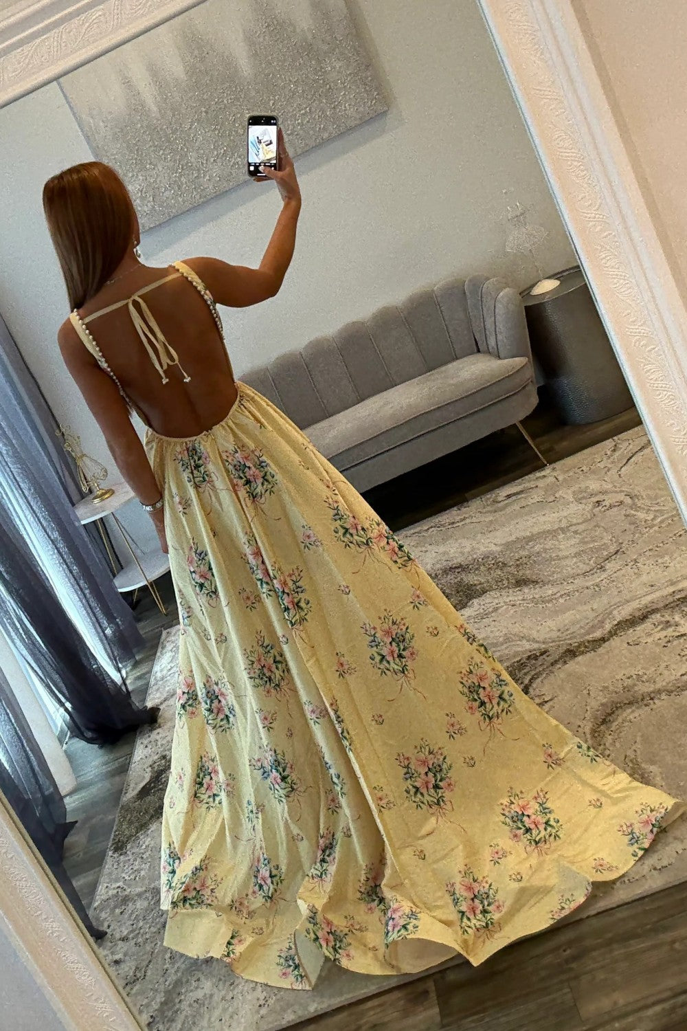 Charming A Line Square Neck Yellow Long Prom Dress with Pearls