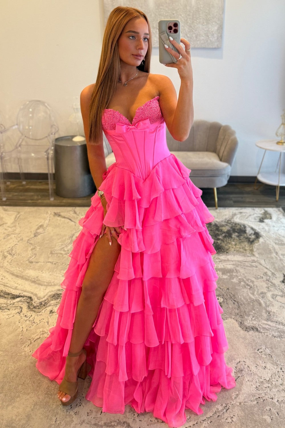 Princess A Line Sweetheart Hot Pink Corset Prom Dress with Appliques Bowknot