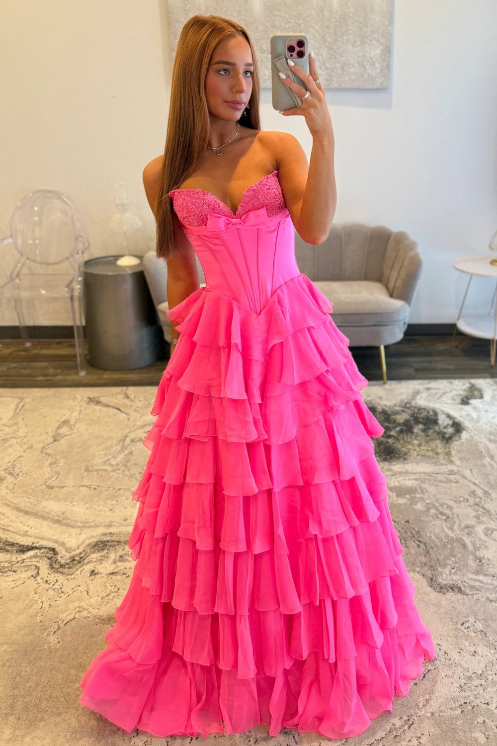 Princess A Line Sweetheart Hot Pink Corset Prom Dress with Appliques Bowknot