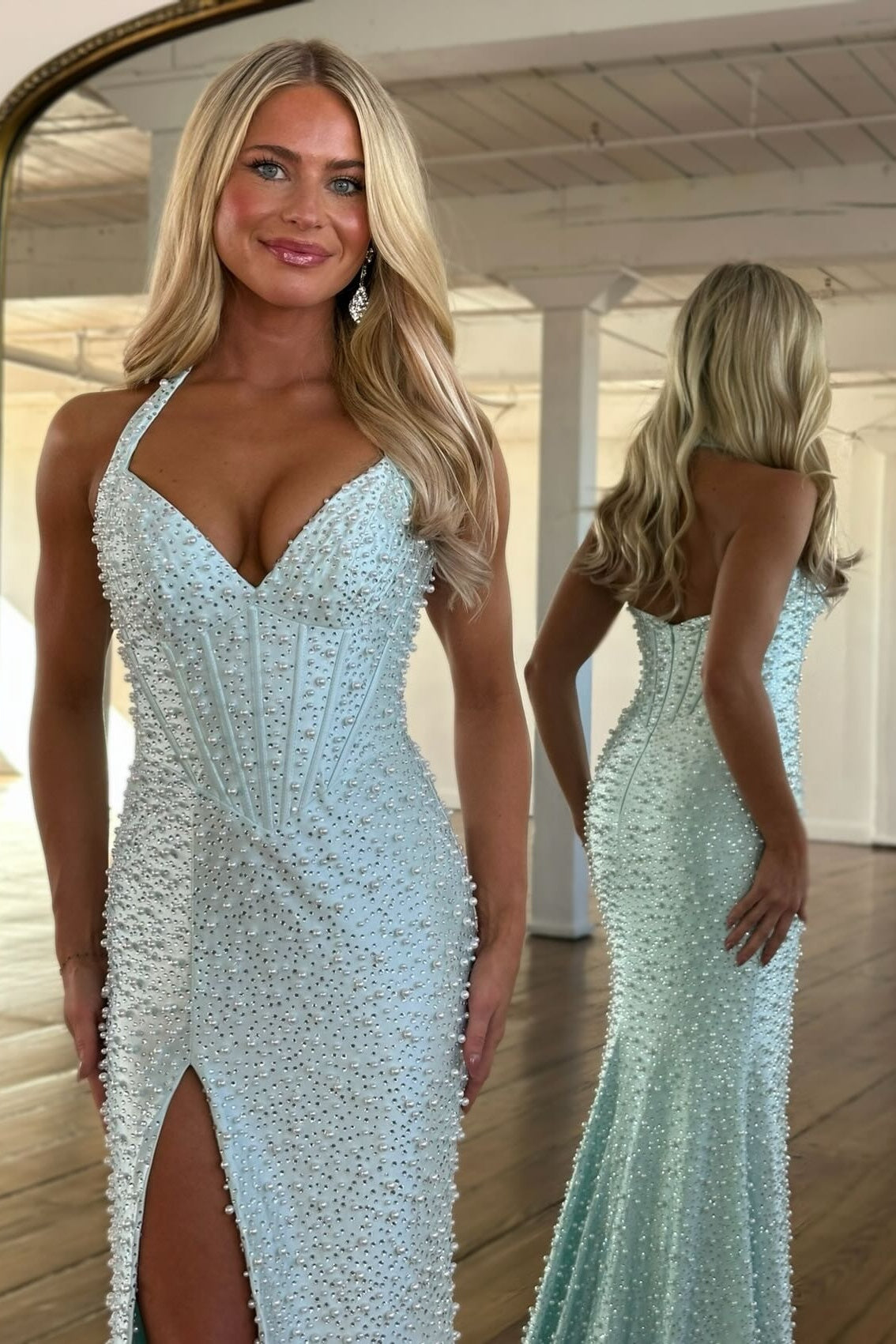 Luxury Mermaid Halter Neck Aqua Corset Prom Dress with Pearls and Slit