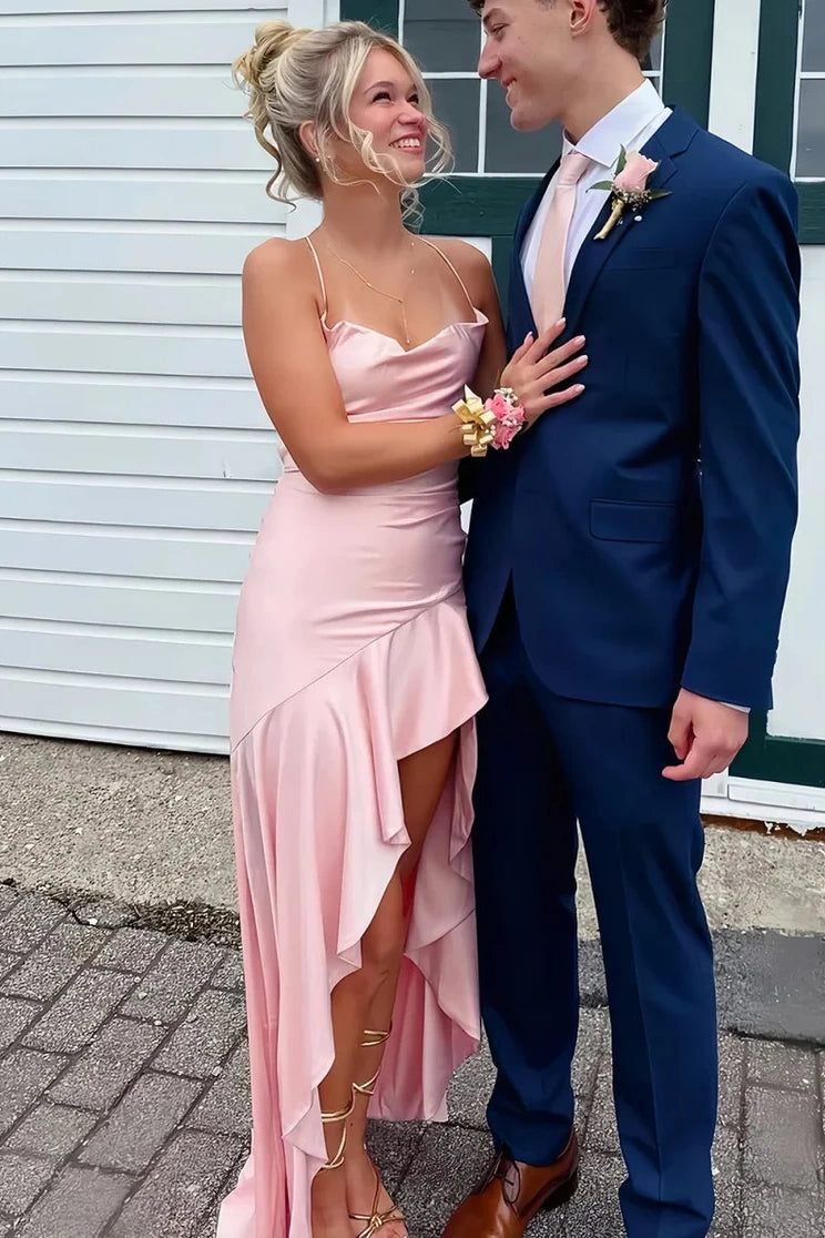Stylish A Line Spaghetti Straps Pink Long Prom Dress with Ruffles