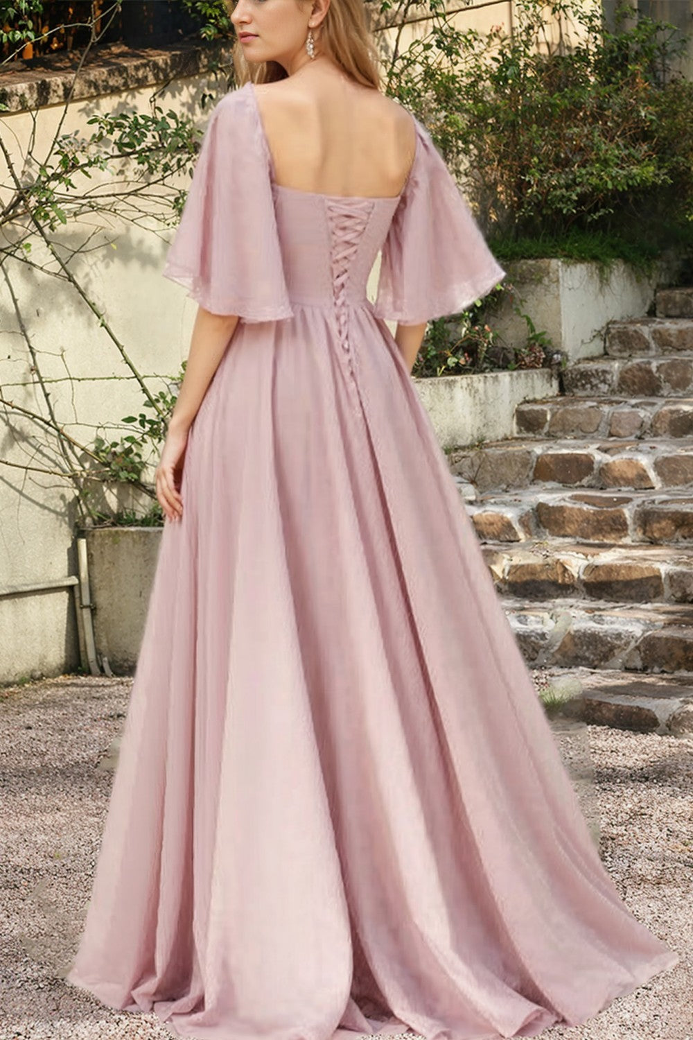 Chiffon Batwing Sleeves Bridesmaid Dress Sweetheart Neck Wedding Guest Dress with Slit