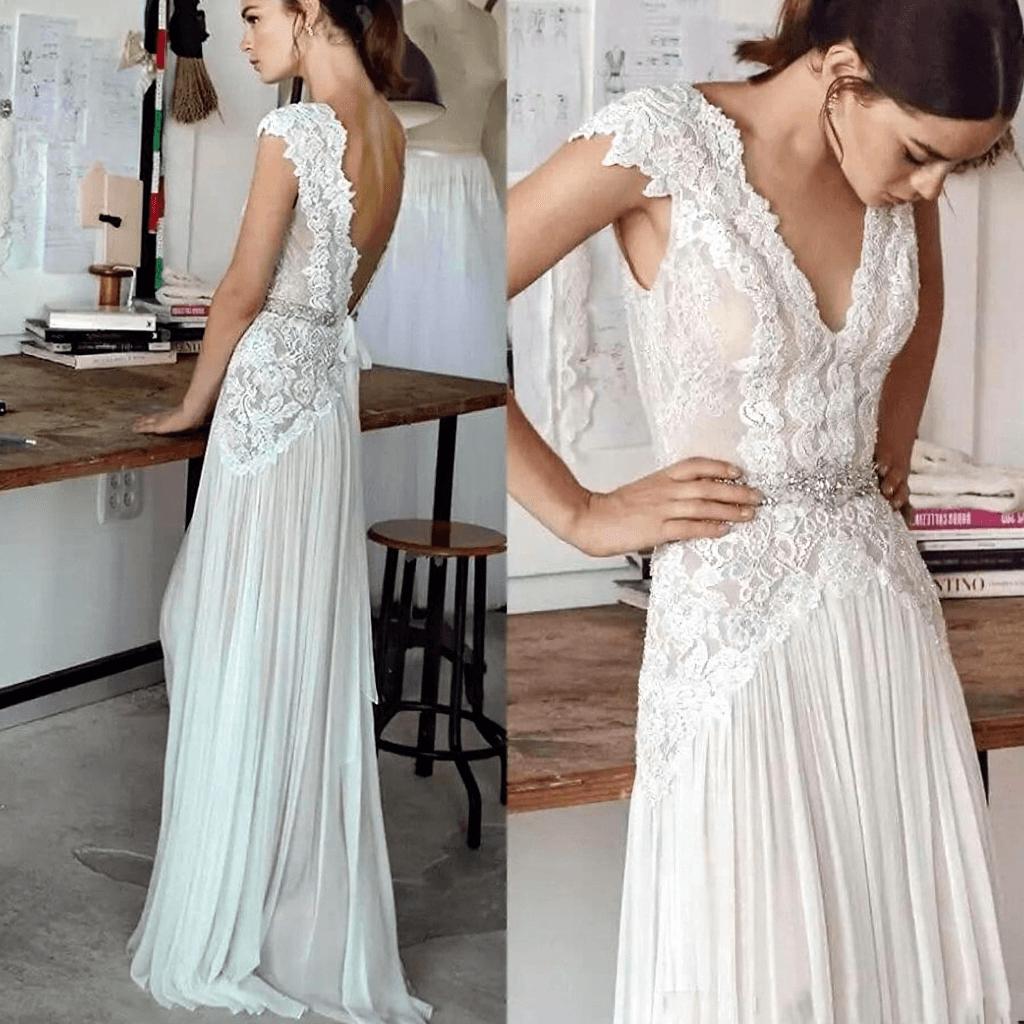 Chiffon Crystal Glamorous Lace Cap-Sleeve Lace Long Beach Wedding Dress