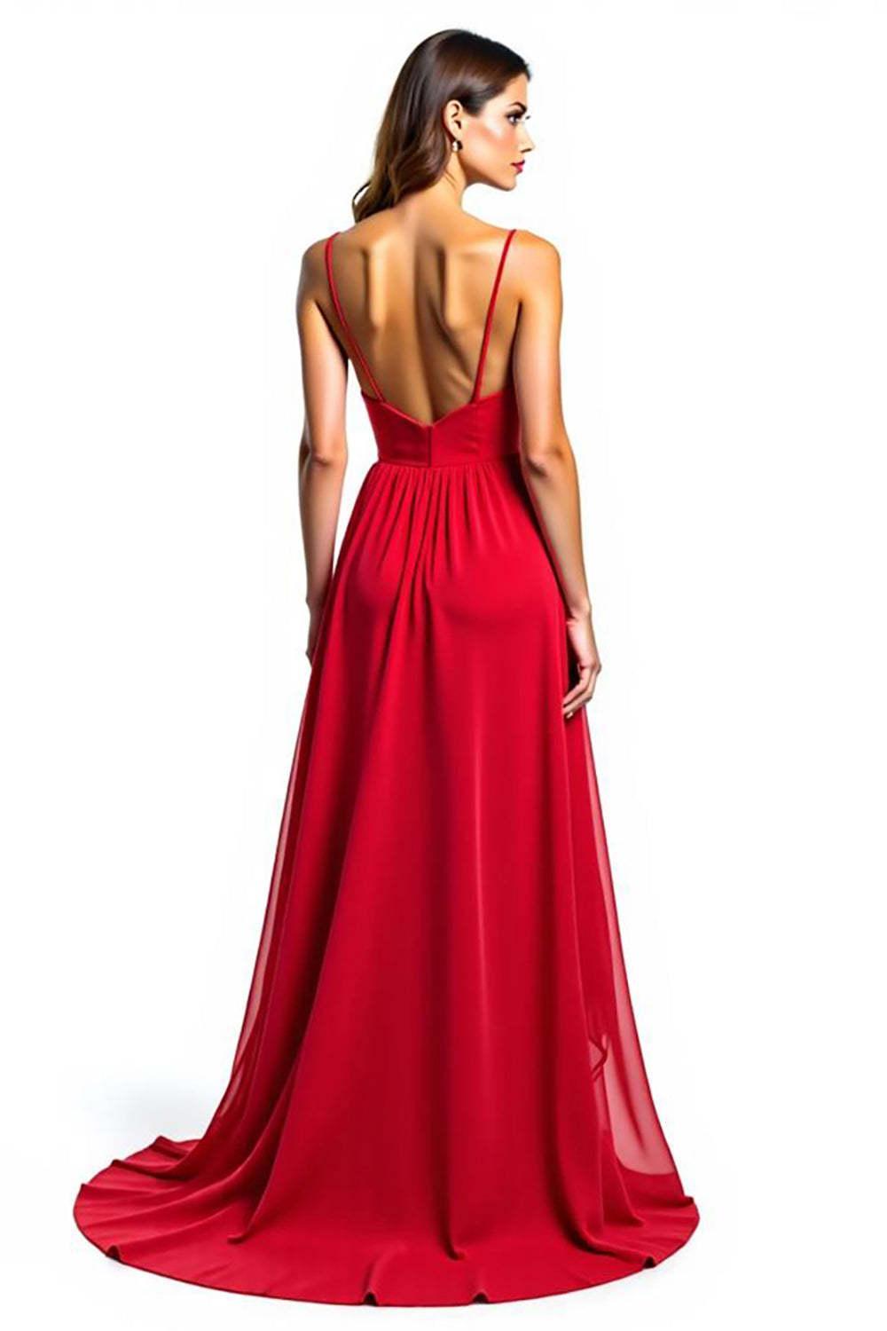 Chiffon High-Low Spaghetti Straps Red Wedding Guest Dress Formal Dress