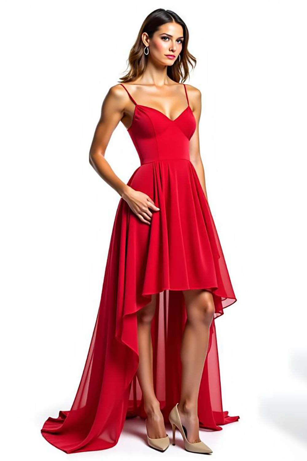 Chiffon High-Low Spaghetti Straps Red Wedding Guest Dress Formal Dress