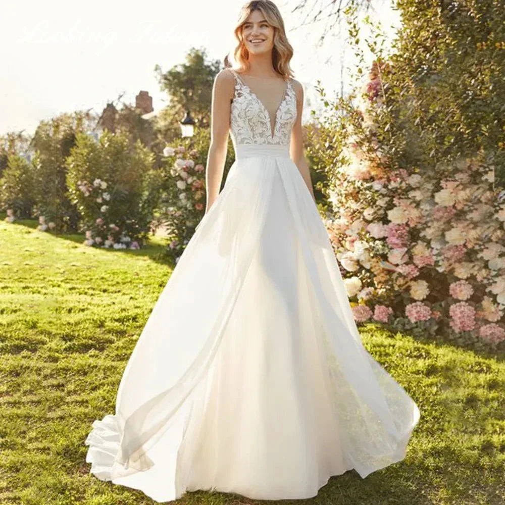 Chiffon Lace Bridal Dresses Deep V-Neck Wedding Gown A-Line Sleeveless robe de mariée bohème Buttons Backless Bride Custom Made by payinti