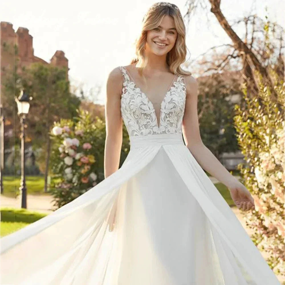 Chiffon Lace Bridal Dresses Deep V-Neck Wedding Gown A-Line Sleeveless robe de mariée bohème Buttons Backless Bride Custom Made (ZD13313)