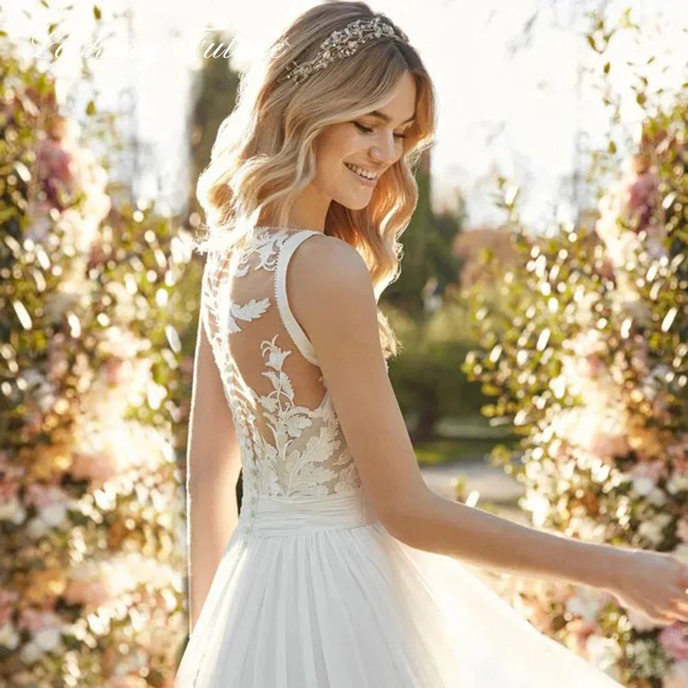 Chiffon Lace Bridal Dresses Deep V-Neck Wedding Gown A-Line Sleeveless robe de mariée bohème Buttons Backless Bride Custom Made (ZD13313)