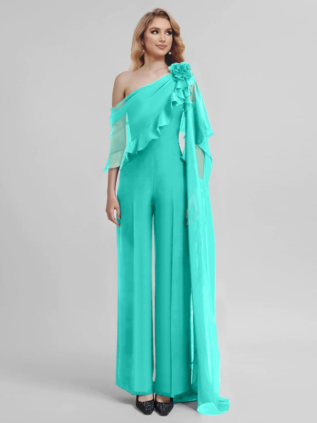 Chiffon One Shoulder Jumpsuits with Half Sleeves for the Mother of the Bride