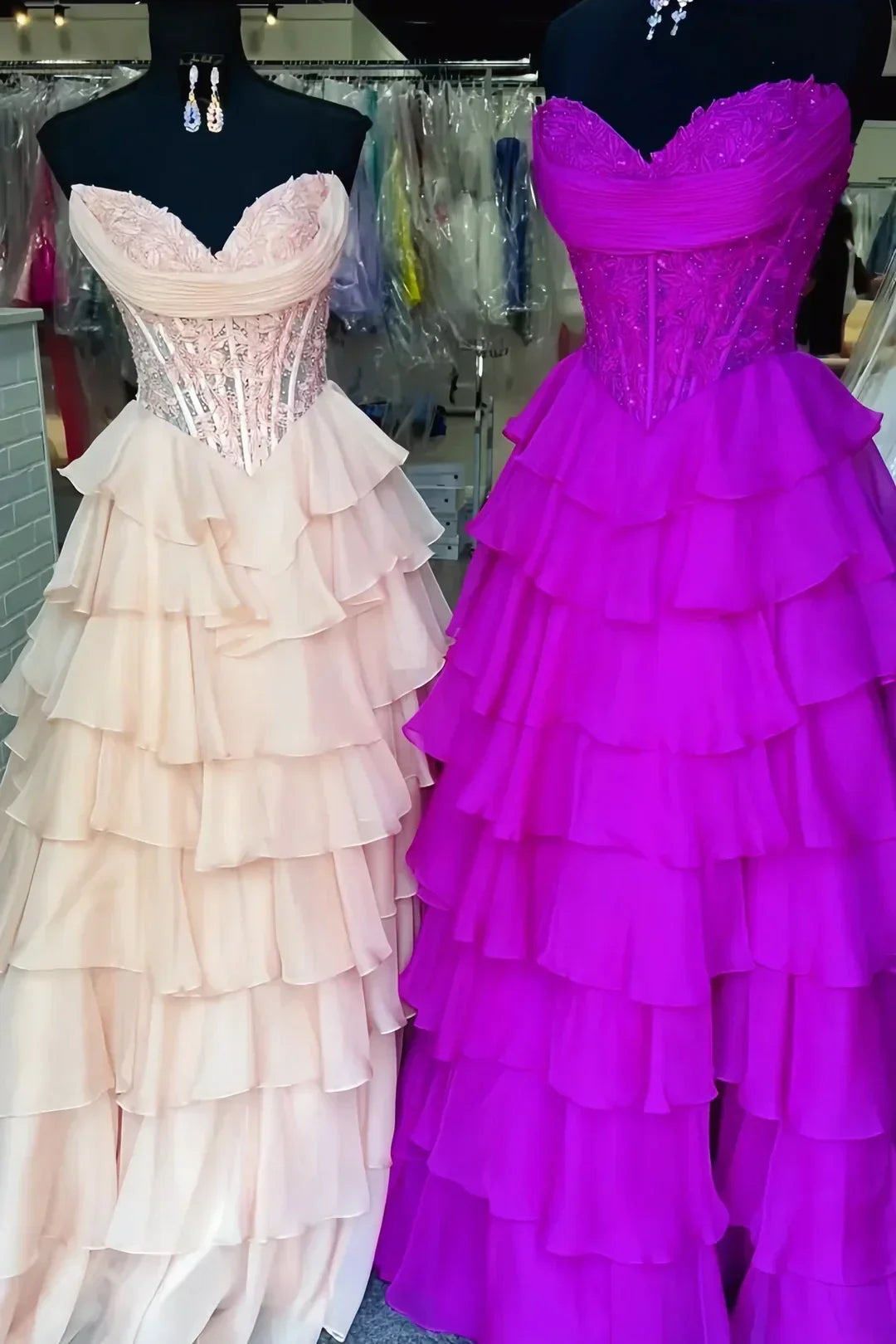 Princess A Line Sweetheart Pink Corset Prom Dress with Appliques Ruffles