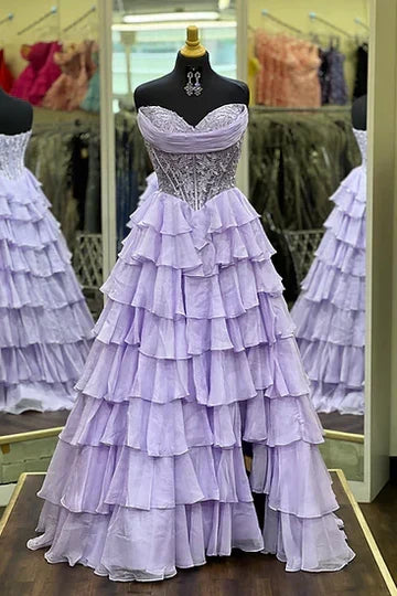 Princess A Line Sweetheart Pink Corset Prom Dress with Appliques Ruffles