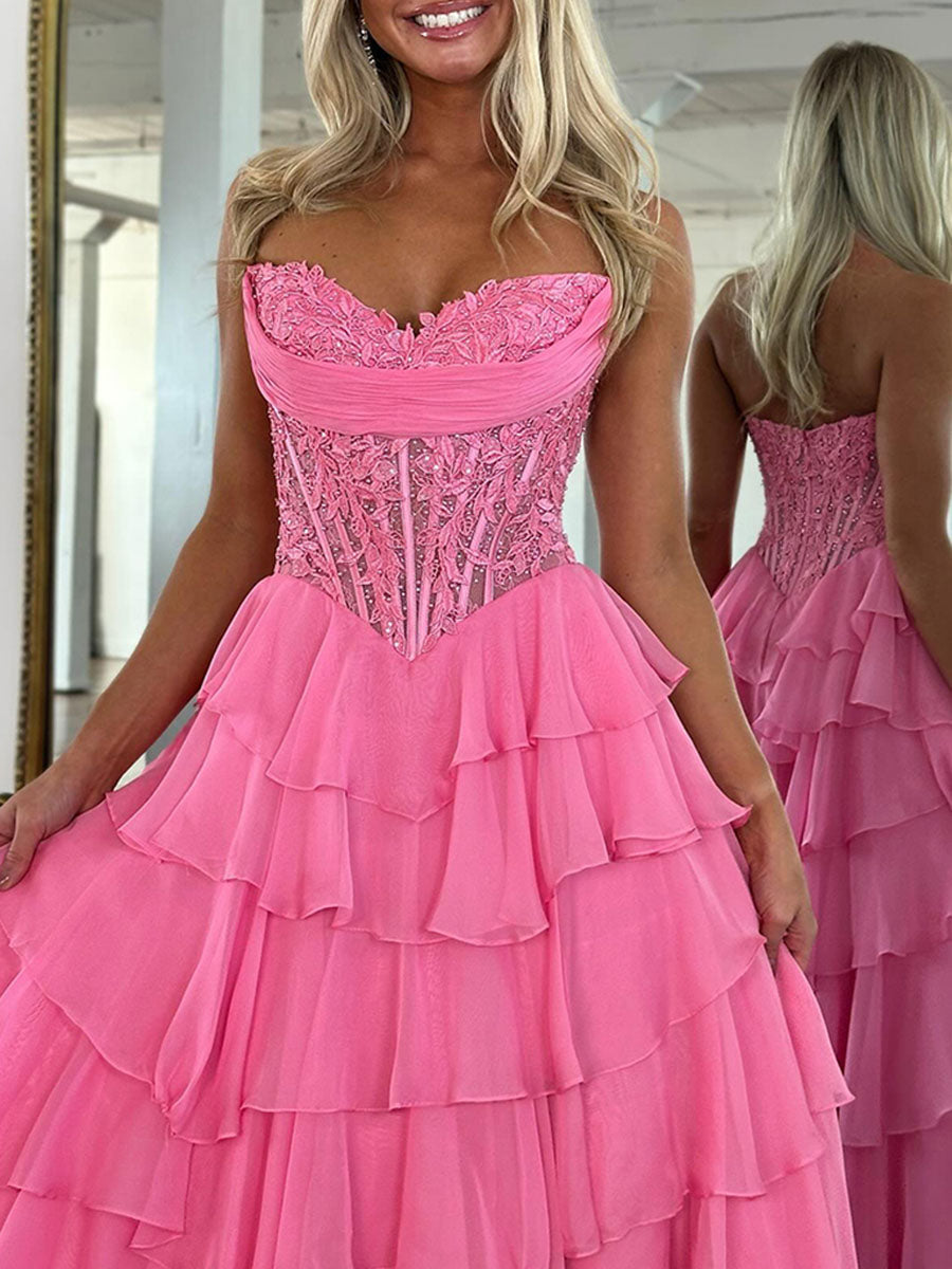 Chiffon A-Line Strapless Empire Tiered Long Prom Dress With Slit