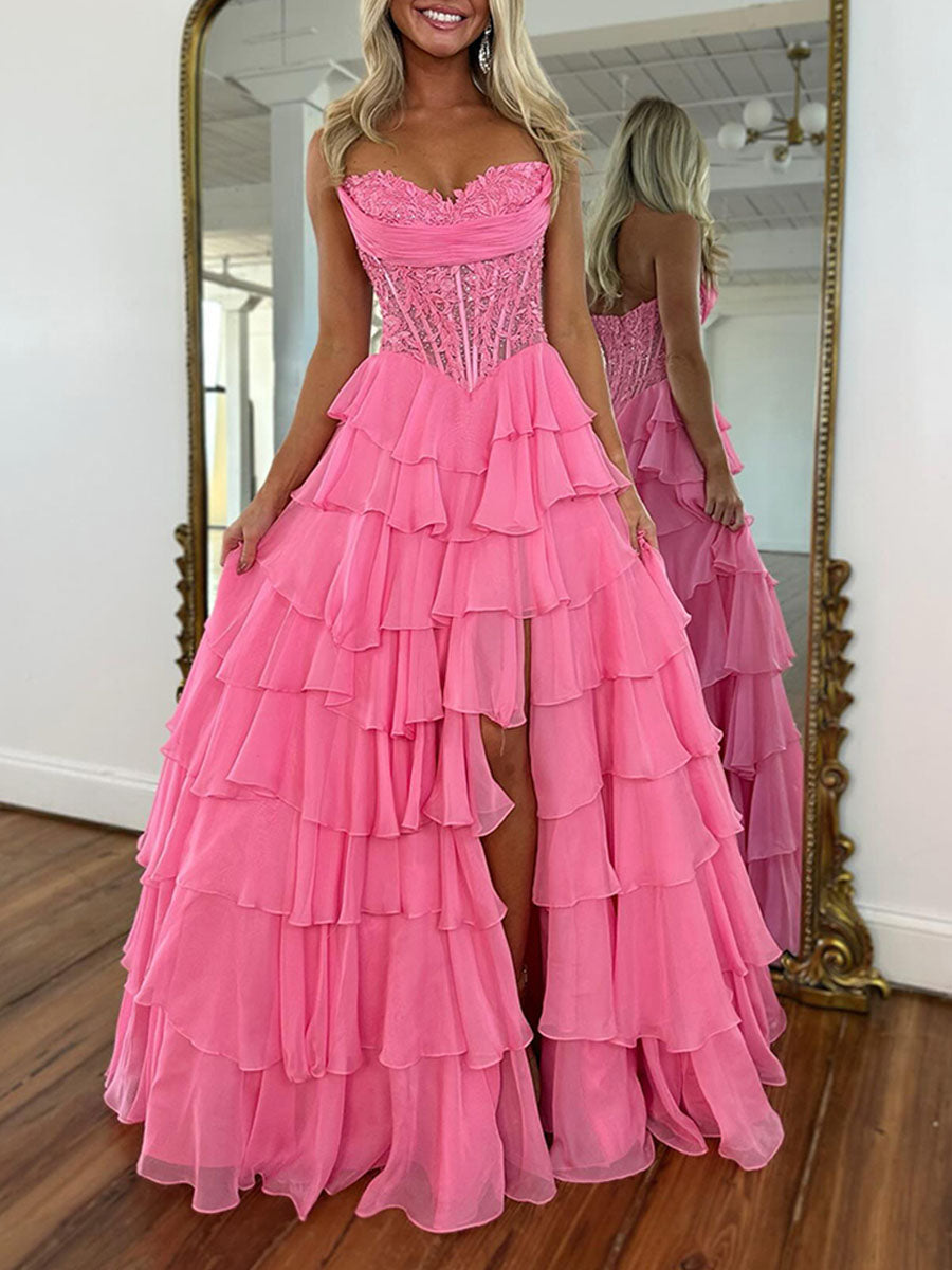 Chiffon A-Line Strapless Empire Tiered Long Prom Dress With Slit - FashionDia