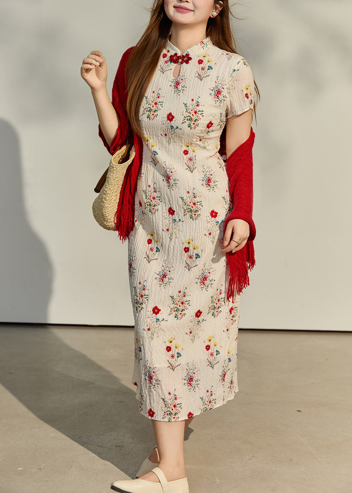 Chinese Style Apricot Print Wrinkled Chiffon Long Dresses Summer