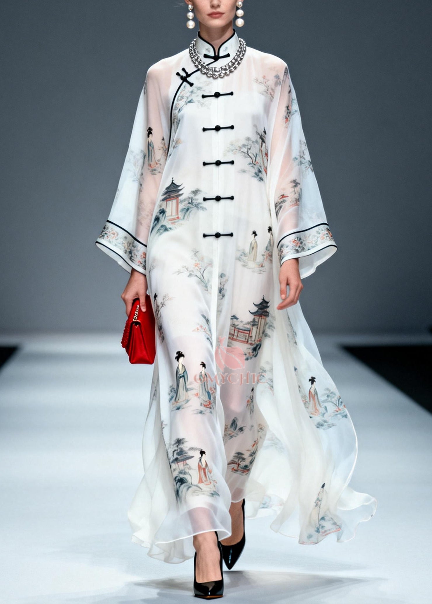 Chinese Style White Print Draping Chiffon Long Dress Summer