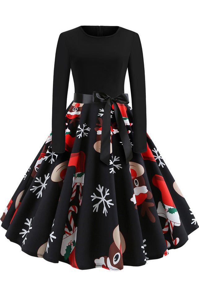 Christmas Long-sleeve Retro Printed Dress - Fashionpara