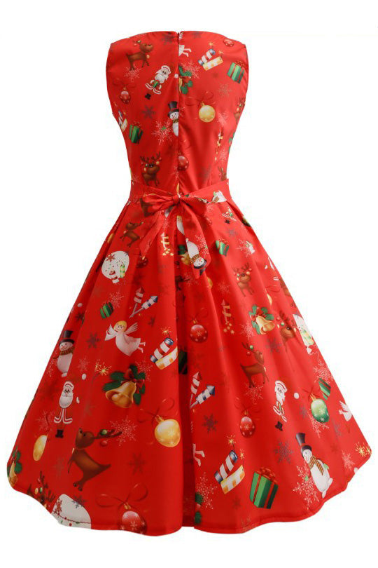 Christmas Print Sleeveless Belted Dress - Fashionpara