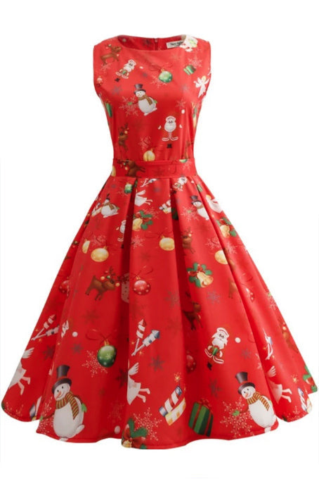 Christmas Print Sleeveless Belted Dress - Fashionpara