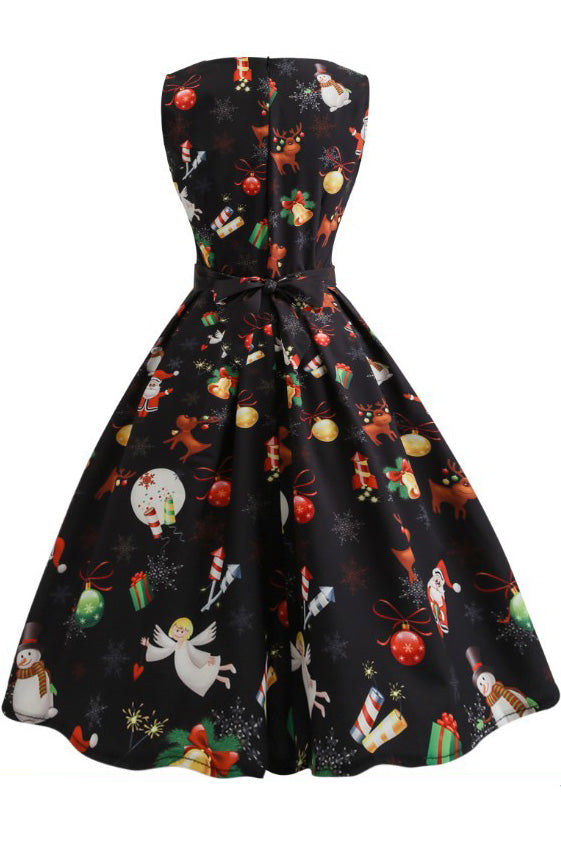 Christmas Retro Printed Boatneck Dress - Fashionpara
